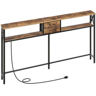 70.9'' mesa de sofá estreita com saída, Atrás da mesa do sofá magra, mesa de entrada com luz de tira LED, Tabela de console com gaveta de armazenamento, marrom rústico e preto