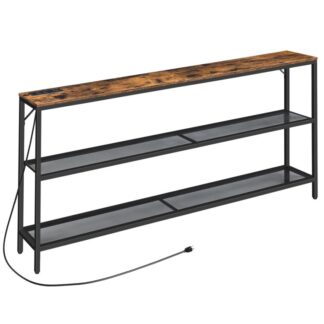 Keskeny konzolasztal, Kanapéasztal -aljzatokkal, Bejárati asztal, 3 Szint a kanapéasztal mögött 2 Háló polcok, Rusztikus 63" Folyosóasztal fémkerettel, Rusztikus barna