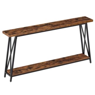 Tavolo consolle, 63" Tavolo da ingresso industriale, Tavolino extra lungo dietro il divano, Supporto a forma di X, per l'ingresso, Corridoio, Soggiorno, Marrone rustico