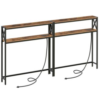 2 Packen Sie schmaler Sofa -Tisch mit Ladestation ein, hinter dem Couchtisch, 39.4" L x 5,9" W x 39,4" H, dünner Flurstisch mit Regal, Eingangstisch für Wohnzimmer, rustikales Braun