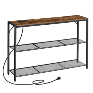 Konsolentisch mit Ladestation, 43.3"L x 9.4"W x 28.7"H Sofa Table, 3-Schmaler Etagen-Eingangstisch, Flurtisch mit 2 Mesh-Regale, für Wohnzimmer, Eingang, Rustikales Braun