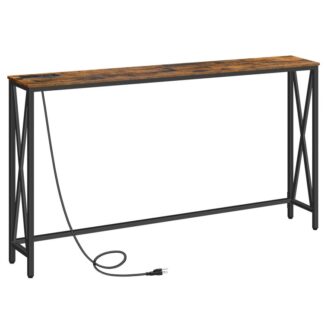 55.1" Mesa consola para sofá con tomas de corriente, Mesa de sofá estrecha, Mesa de entrada con estación de carga, Diseño en forma de X, Resistente y duradero, para pasillo, Sala de estar, Marrón rústico