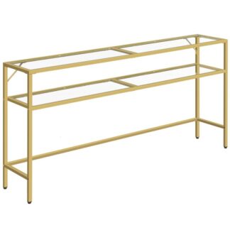 63" Tavolo da divano consolle, 2 Tavolino da divano in vetro a più livelli, Tavolo da ingresso moderno color oro, Tavolo in vetro temperato, Porta TV color oro, Scaffale regolabile, Cornice metallica, per soggiorno, Corridoio, Studio,