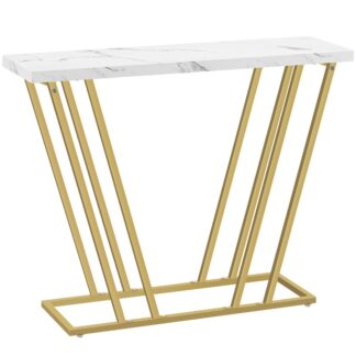 طاولة كونسول حديثة, طاولة مدخل بيضاء ذهبية ورخام مع أرجل معدنية هندسية, طاولة الأريكة الضيقة الرخامية فو, لغرفة المعيشة, المدخل, بهو