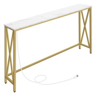 Tabela de console com saída de energia, 55.1" mesa de sofá estreita, Mesa de Mordern atrás do sofá do sofá com portas USB, resistente e durável, para entrada, sala de estar, hall de entrada, mármore e ouro