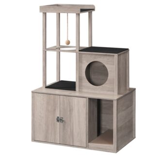 Cat Litter Box Enclosure with Cat Tower, Hidden Cat Litter Box Furniture with Condo and Plush Ball, Wooden Cat Washroom Furniture with Platform, Indoor Cat House, Grey