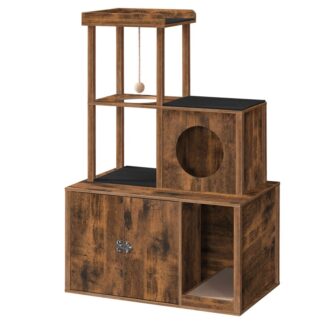 Katte kuld kabinet med kattårnet, Skjulte møbler med kattekuld med lejlighed og plys bold, Trækat vaskerummøbler med platform, Indendørs Kattehus, Rustik brun