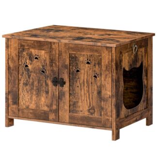 حاوية صندوق فضلات القطط, أثاث الحمام المخفي للقطط, خزانة صندوقية خشبية للقطط, طاولة نهائية لبيت القطط في الأماكن المغلقة, منضدة سرير, تناسب معظم صناديق الفضلات, تجميع سهل, ريفي براون