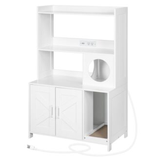 حاوية مربع القمامة القط مع 2 رفوف تخزين, 46.5" H HIDDEN CAT STRETER BOX FUNTURY مع محطة الشحن, خزانة حمامات القط الخشبية مع خدش, منزل القط الداخلي, أبيض