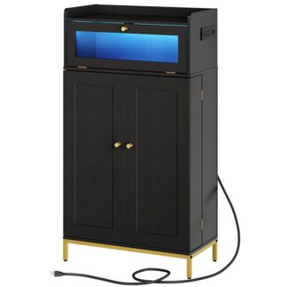 Pantry Cabinet with Charging Station, Kitchen Pantry Cabinet with LED Light and Storage Shelves, Kitchen Pantry with Acrylic Drawer Door for Kitchen, Dining Room, Black and Gold
