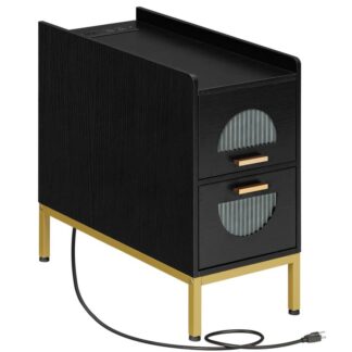 Narrow End Table with Charging Station, Mid Century Modern Slim Side Table for Small Spaces, Nightstand with 2 Drawers, Bedside Table for Home, Living Room, Black and Gold