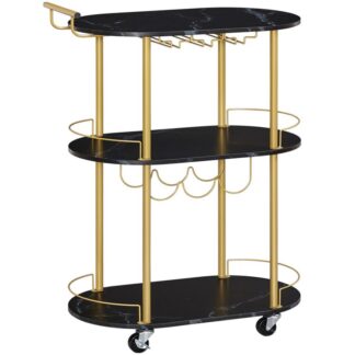 Carrinho de barra, 3 CARRO CASA DE CASA DE TIERS com rodas trancáveis, Carrinho de cozinha rolante com suporte para vinho e titulares de vidro para cozinha, sala de estar, sala de jantar, mármore preto e dourado