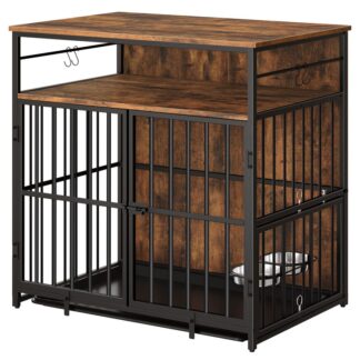 большая ящик для собак, 38.6" тяжелый собачий питомник с мисками & полка для хранения, Деревянная боковая боковая столик для маленьких/средних/крупных собак, жевание, деревенский коричневый