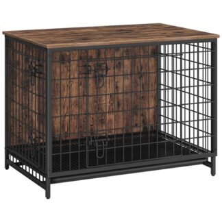 meble skrzyni dla psów, drewniana hodowla psów z wymienną tacą, stół boczny w klatce ciężkiej w klatce, domowy dom dla małych/średnich/dużych psów, 37.8" l, Rustykalny brąz