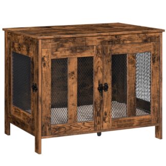 Meble do klatki dla psa z poduszką, Drewniany stolik końcowy do budy dla małych i dużych psów, Domek dla psa z siatki z podwójnymi drzwiami, Klatka dla psa, Rustykalny brąz i czerń