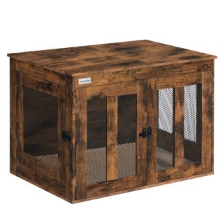 Hundekasse møbler med pude, Kraftig hunde kennel med dobbeltdøre, Dekorativt træ kæledyr hus ende sidebord, Indendørs hundebur til små medium hunde, Rustik brun