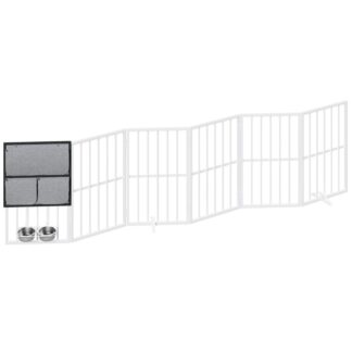 собачьи ворота в помещении с собачьими чашами, 94.5" очень широкий складной забор для дверных проемов, лестница & дом, 6 Панель отдельно стоящих ворот домашних животных с ногами поддержки, Забор безопасности для домашних животных, белый