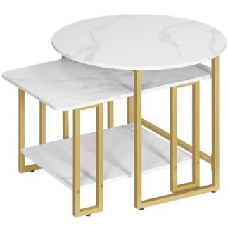 Pequeno conjunto de mesa de café, Mesas de centro de mármore falso com estrutura de metal, Conjunto de mesas de centro modernas 2, para sala de estar, Mármore branco e ouro