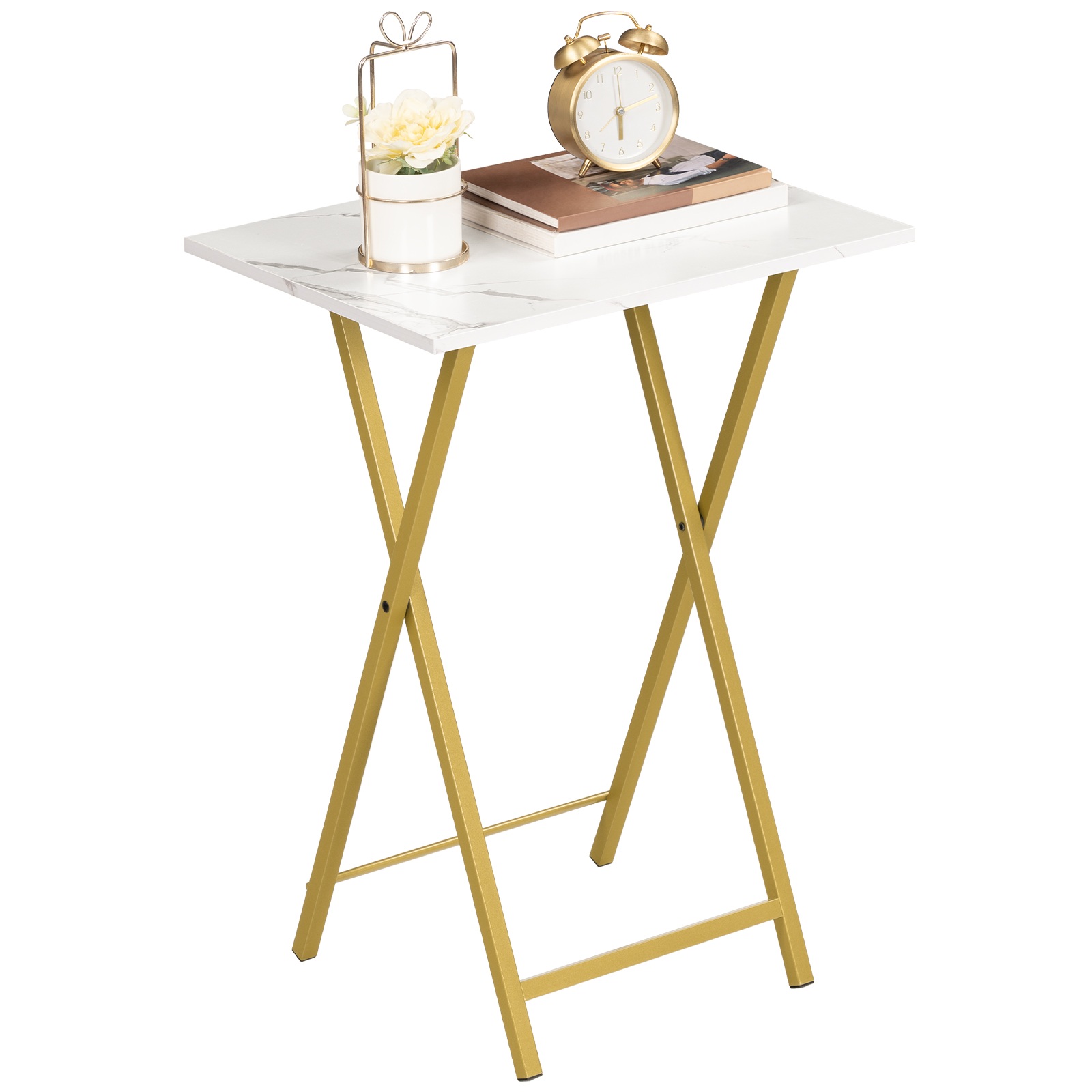 Kokoontaittuva TV-tasopöytä, Vakaa välipalapöytä kompakteihin tiloihin, Kannettava sohvapöytä, Helppo kokoonpano ja varastointi, Soveltuu välipalaksi ja ruokailuksi olohuoneessa, Marmori ja kulta viimeistely