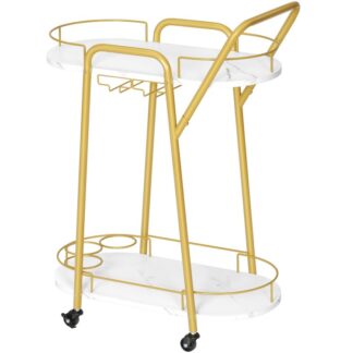 Carrinho de barras de ouro, Carrinho de servir bar doméstico, 2-Carrinho de vinho para enrolar camadas com suporte e alça para vidro, Carrinho de bar para casa, Cozinha, Jantar, Festa, Bar, Ouro e branco