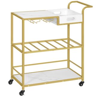 عربة سبائك الذهب, عربة تقديم بار المنزل, 3-عربة النبيذ الطبقة مع رف النبيذ & حامل الزجاج, عربة الشراب, عربة كوكتيل المشروبات المتداول للمنزل, مطبخ, تناول الطعام, حزب, حاجِز, الذهب والأبيض