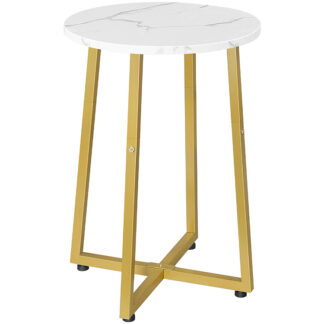 Mesa lateral, Mesa final redonda com estrutura de metal resistente em forma de X, 15.7" Mesa de cabeceira redonda, para sala de estar, Quarto, Sacada, Escritório, Mármore e ouro