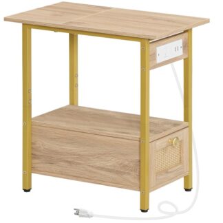 طاولة نهاية مع محطة شحن, طاولة جانبية ضيقة مع درج ومنافذ USB & منافذ الطاقة, طاولات جانبية للسرير للمساحات الصغيرة, غرفة نوم, غرفة الجلوس, البلوط الأبيض والذهب