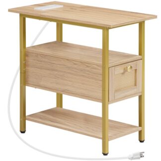 طاولة النهاية, طاولة جانبية مع محطة شحن, منضدة مع درج, طاولة القهوة على غرار الروطان, طاولة سرير نحيفة للمساحات الصغيرة, غرفة المعيشة, غرفة نوم, البلوط الأبيض والذهب