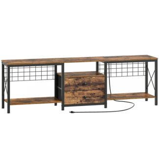 Телевізійна підставка промислового стилю з розеткою 75 дюйм, Вінтажний розважальний центр з 2 Тканинні ящики, Стіл консолі телевізора з відкритими поличками для зберігання для телевізорів, Проведення кабелів, для вітальні, Спальня