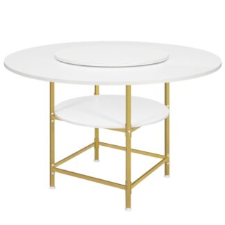 Tábla itheacháin cruinn do 4, Tábla dinnéir le seilf stórála, 47.2'' Tábla seomra bia, Tábla ciorcail, Tábla cistine adhmaid teach feirme le haghaidh seomra suí seomra bia, Bán agus Óir