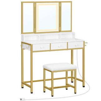 Vanity Desk Set, set di vanità per il trucco, con specchio illuminato a LED e presa di corrente, tavolo da vanità con specchio a tre volte e 3 cassetti, sgabello da trucco imbottito da spugna, per camera da letto, bianco e oro