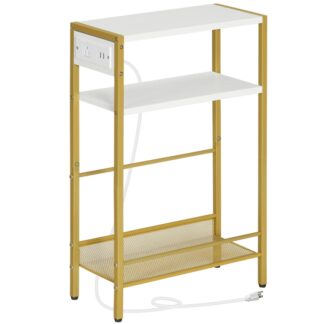 Piccolo tavolo laterale stretto con stazione di ricarica, Tavolino sottile per piccoli spazi, Comodino sottile con presa USB, Divano accanto al tavolo con ripiano portaoggetti, Bianco e Oro