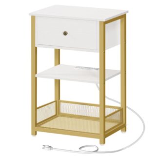 منضدة مع محطة شحن, طاولة جانبية مع درج ورف شبكي, طاولة نهائية مع مساحة تخزين مفتوحة ومخفية, الطراز الحديث, لغرفة النوم, مكتب, يذاكر, الأبيض والذهبي