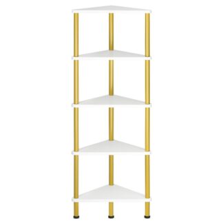رف الركن, رف الكتب الصناعية ذات 5 مستويات مع إطار معدني, زهرة مصنع الرف الزاوية زهرة, خزانة الكتب الزاوية للمساحات الصغيرة, غرفة نوم, غرفة المعيشة, أبيض وذهب