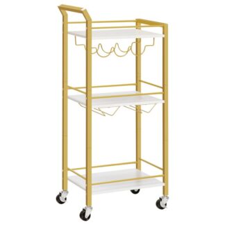 Barvogn til hjemmet, 3-Tier køkkenvogn med vinstativ og glasholdere, Serveringsvogn med hjul, Rullende kaffevogn til bar, Køkken, Stue, Hvid og guld