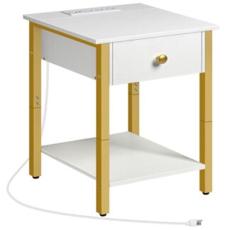 منضدة مع محطة شحن, طاولة نهاية مع منافذ USB, طاولة جانبية مع درج ورف تخزين, طاولة بجانب السرير للمساحات الصغيرة وغرفة النوم, الأبيض والذهبي