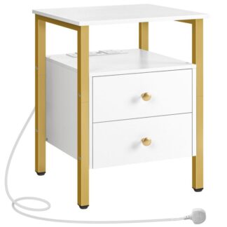 طاولة بجانب السرير مع محطة شحن, طاولة السرير مع USB, شحن الجدول الجانبي, 2 منافذ AC و 2 منافذ USB, طاولة بجانب السرير مع 2 أدراج, طاولة جانبية للأريكة, أبيض وذهب