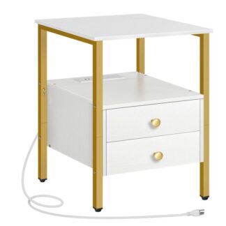 طاولة نهاية مع محطة شحن, طاولة بجانب السرير مع 2 الدرج & منافذ يو اس بي & منافذ الطاقة, منضدة للمساحات الصغيرة, مستقرة وقوية, لغرفة المعيشة, غرفة نوم, الأبيض والذهبي