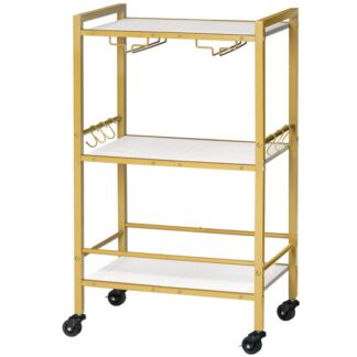 bar cart for the home, 3-tier kitchen cart with glass holders, serving cart with lockable wheels, rolling beverage cart with 6 hooks, for bar, kitchen, dining room, white and gold