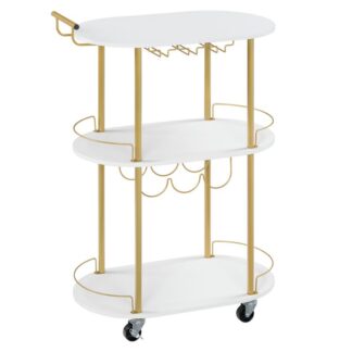 Złoty wózek barowy, 3 Tiers Home Bar serwujący wózek z zamkniętymi kółkami, Rolling Kitchen wózek z stojakiem na wino i szklanki do kuchni, salon, jadalnia, Złoto i biały