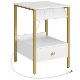 منضدة مع محطة شحن, طاولة نهاية بسيطة مع الدرج, تخزين مفتوح ومخفي, طاولة جانبية للأريكة الحديثة, لغرفة النوم, يذاكر, مكتب, أبيض وذهب