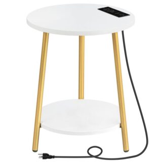 Торцевой столик с зарядной станцией, 2-Деревянные полки, Современный золотой небольшой акцент для спальни гостиной, Пробелы, Белый и