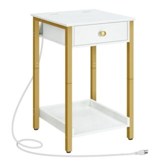 منضدة مع محطة شحن, طاولة جانبية طويلة, الجدول النهائي مع درج ورف التخزين, جدول الهاتف الصناعي, للدراسة, غرفة نوم, توفير المساحة, أبيض وذهب