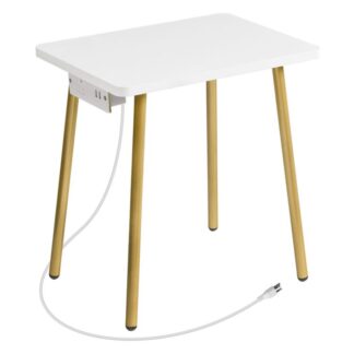 side table with charging station, small white table end table for home decor in living room, bedroom, balcony, white and gold