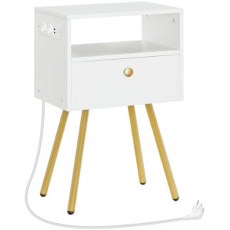 Прикроватная тумбочка с зарядной станцией, Приставной столик с ящиком и открытым отделением, Диван-стол, 28 x 38 Икс 60 см, Приставной столик для спальни, Белый и