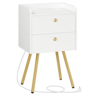 Прикроватная тумбочка с зарядной станцией, Приставной столик с 2 Складные ящики и открытая полка, Диван-стол, Кофейный столик, Металлические ножки, для офиса, Спальня, Белый и Золотой