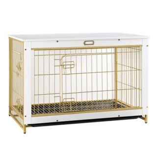 gold and white dog crate furniture, extra large dog crate, wooden pet furniture with pull-out tray, home and indoor use, double door modern side end table for medium/large dog, chew-resistant