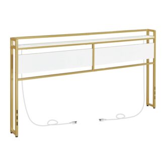 king size headboard, headboard with 2 outlets and 4 usb ports, adjustable height, storage rack, sturdy and stable, easy assembly, white and gold