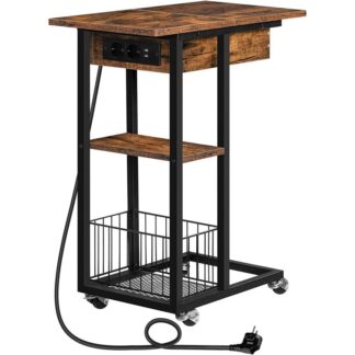 Side Table with Charging Station, C-Shaped Folding Coffee Table with Wheels and Storage Shelf, USB Ports Power Outlets, for Living Room Bedroom, Rustic Brown