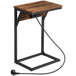 C Shaped Side Table, Sofa Side Table with Charging Station, 2 Plug Sockets and 2 USB Ports, Narrow Bedside Table for Small Spaces, Laptop Table for Sofa, Rustic Brown and Black